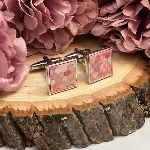 Elegant Pink Mother of Pearl Mosaic Cufflinks - Picture 7 of 17